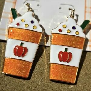 Autumn Fall Festive Pumpkin Spice Latte Gold Tone Enamel Earrings NWT